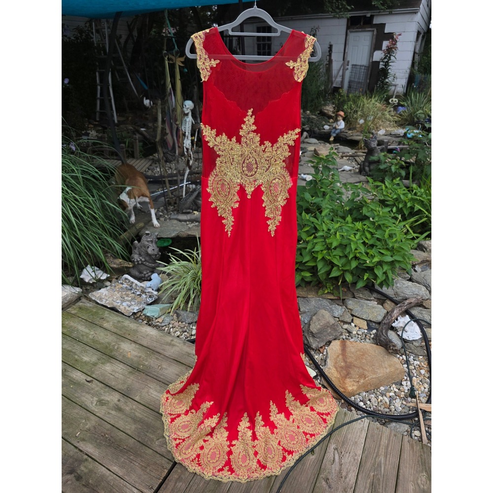 Grace Karin Red Gold Lace Embroidered Evening Gown Sleeveless Formal Prom Dress - Picture 6 of 10